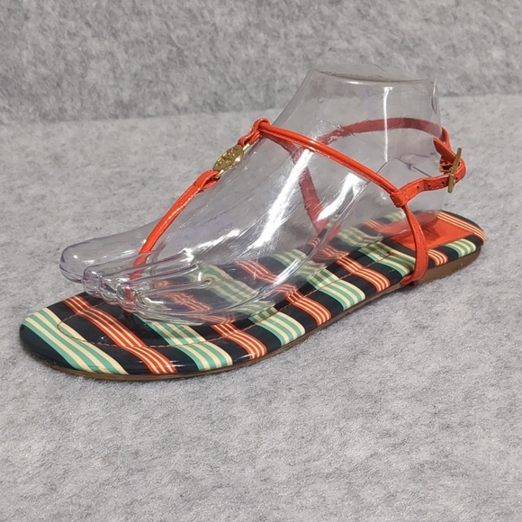 Tory Burch Shoes - Tory Burch Harbanero Pepper Bauer Stripe Emmy Patent Leather T-Strap Flat Sandal